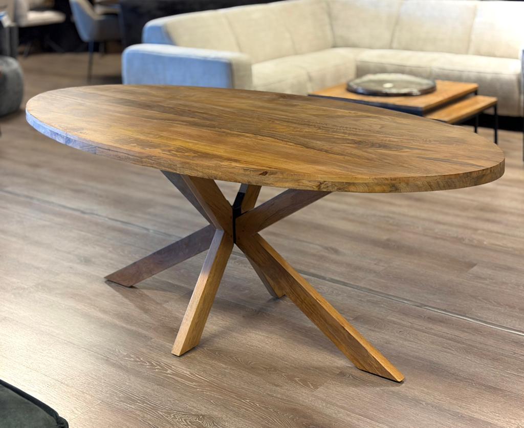 Mango tafel met houten poot - ovaal 200cm & rond 120 of 150, Ophalen, Nieuw, Vijf personen of meer, Ovaal