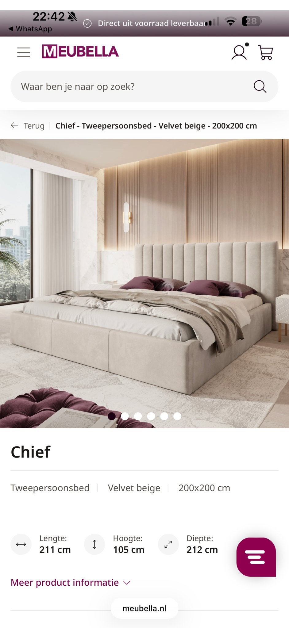 Muebella Chief Tweepersoonsbed 200x200 - nieuw, Huis en Inrichting, Ophalen, Beige, Tweepersoons, Zo goed als nieuw