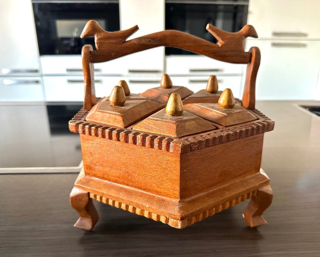 Hexagon box Vintage kruiden doos 6 vakjes hout vogel curiosa, Verzenden