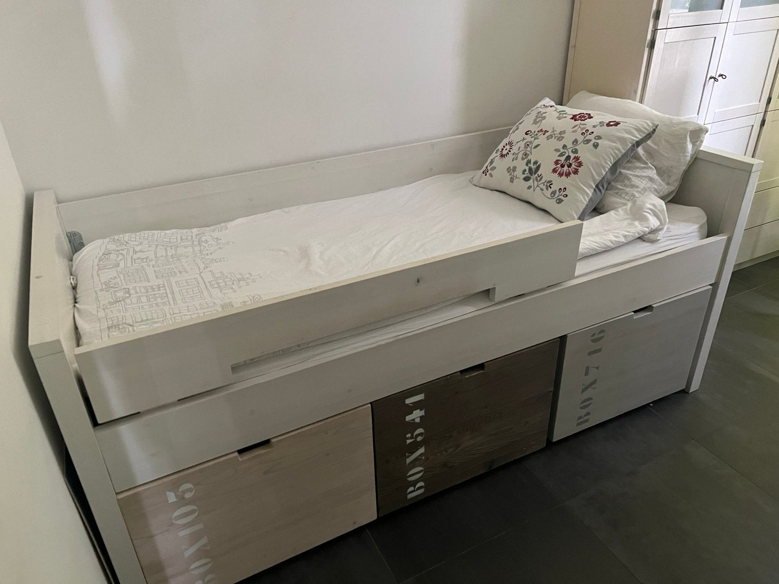 Bopita Basic Wood (echt hout) bed 90x200 wit 3 grote lades, Ophalen, Gebruikt, 90 cm, Eenpersoons