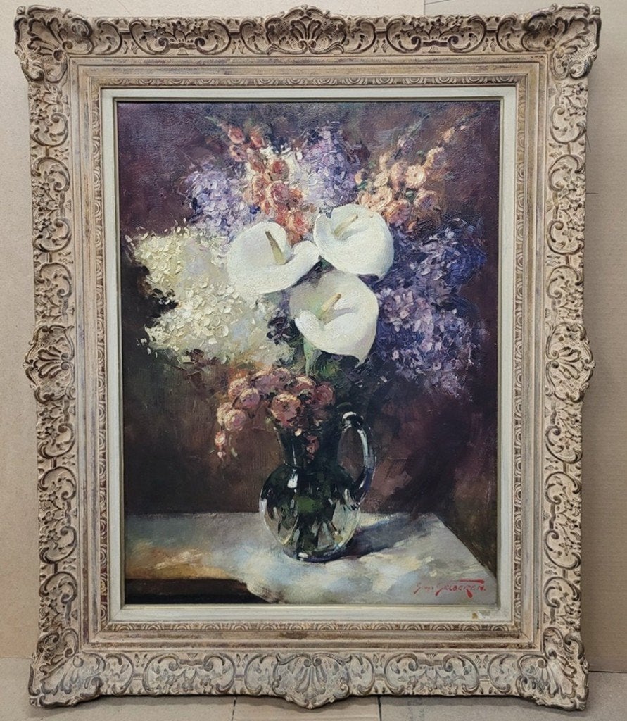 Simon VAN GELDEREN, boeket met aronskelken, Antiek en Kunst, Kunst | Schilderijen | Klassiek, Doek, Impressionistisch, Olieverf