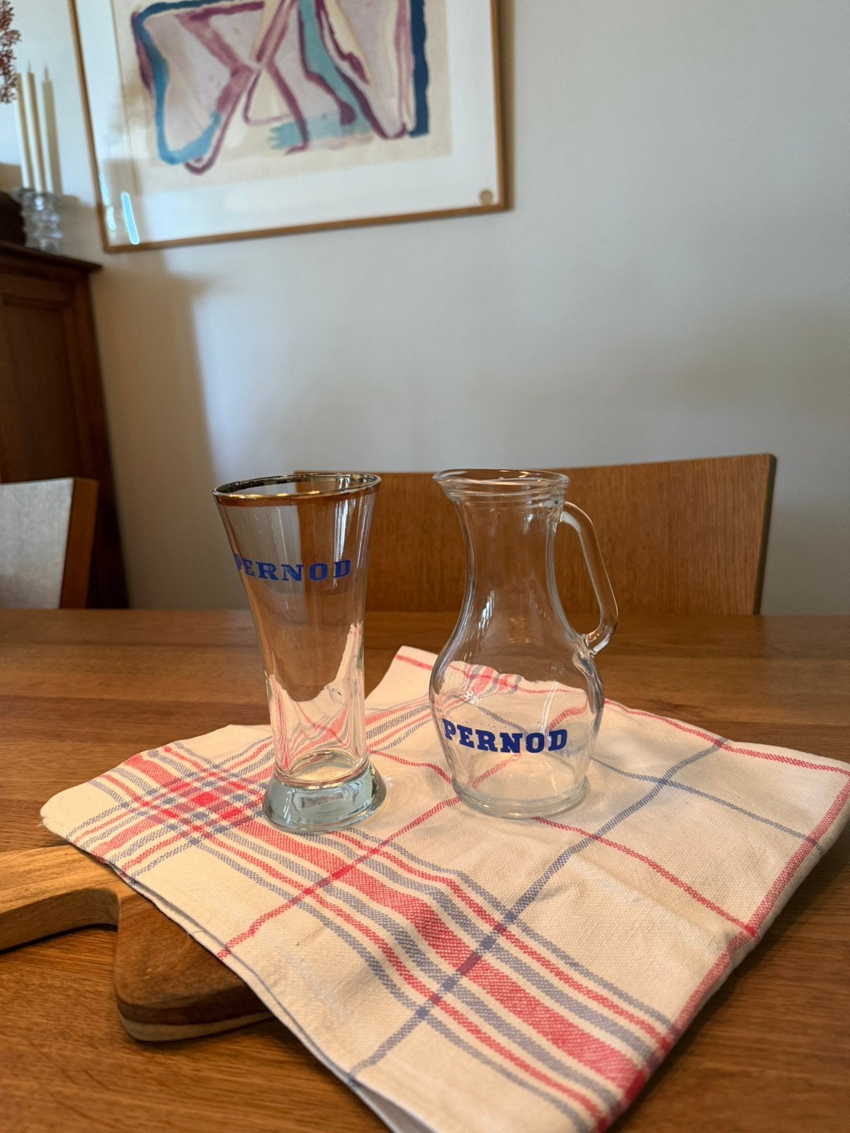 Vintage waterkannetje  Pernod klein 250 cl. Met glas., Overige typen, Ophalen of Verzenden, Gebruikt, Glas