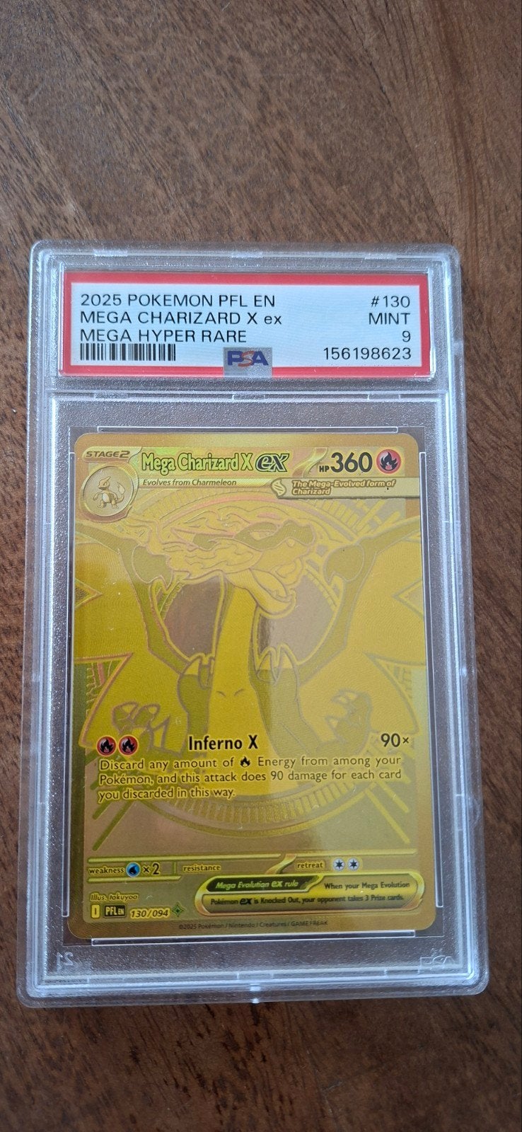Mega Charizard X EX 130/094 Gold Secret Rare PSA 9, Ophalen of Verzenden, Zo goed als nieuw, Losse kaart, Foil