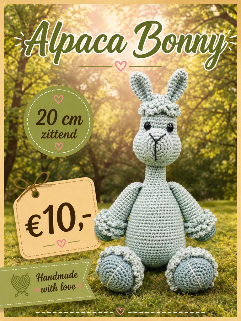 Nieuwe gehaakte Alpaca Bonny knuffel, 20 cm zittend, Handgemaakt, Overige typen, Grijs, Nieuw