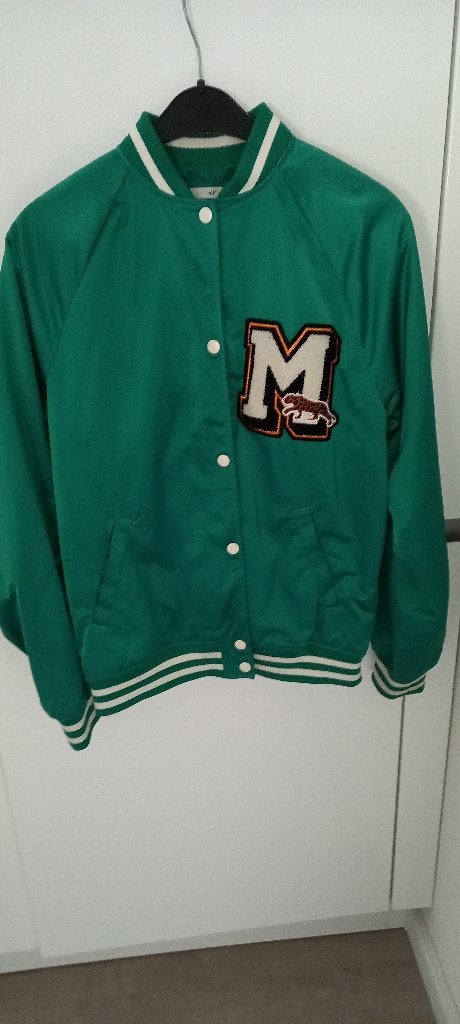 H&M groen baseball jasje gevoerd maat 170., Gebruikt, Meisje, H&M, Ophalen of Verzenden