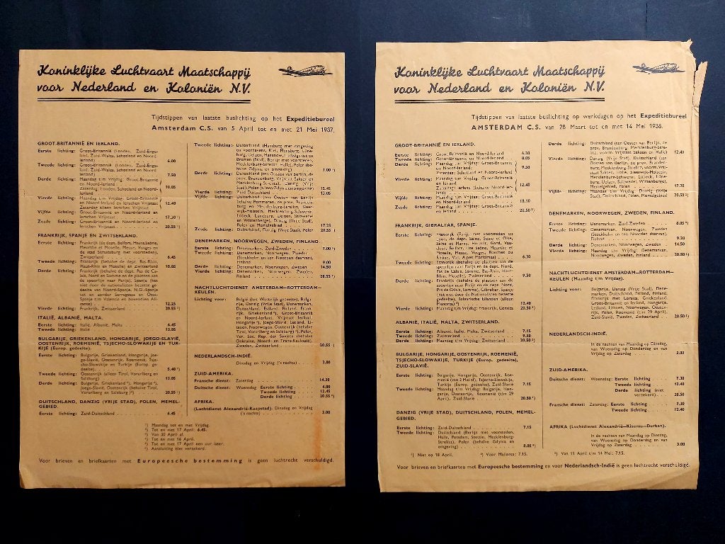 2 KLM buslichting overzichten uit 1937 en 1938 (K1085), Ophalen of Verzenden, Gebruikt, Boek of Tijdschrift