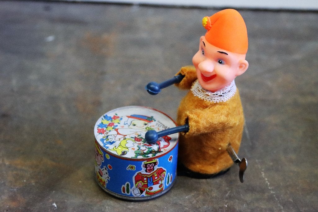 Blikken Johny Joker Trommel Clown Kiran Toys originele doos., Antiek en Kunst, Antiek | Speelgoed, Ophalen