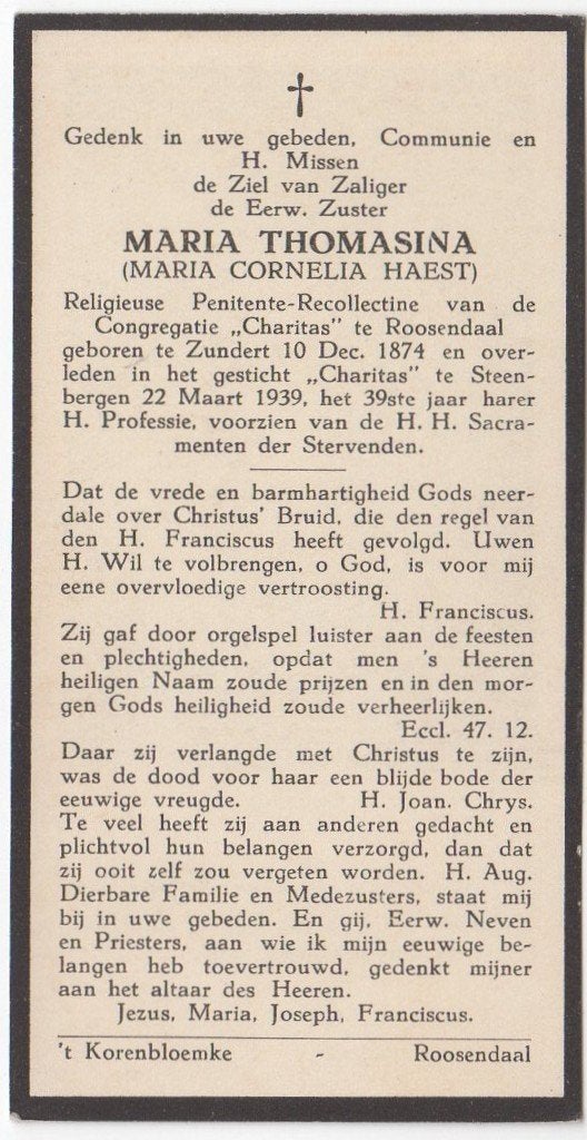 zr. Maria C. Haest 1874 Zundert + 1939 Steenbergen, 64 jaar, Verzenden