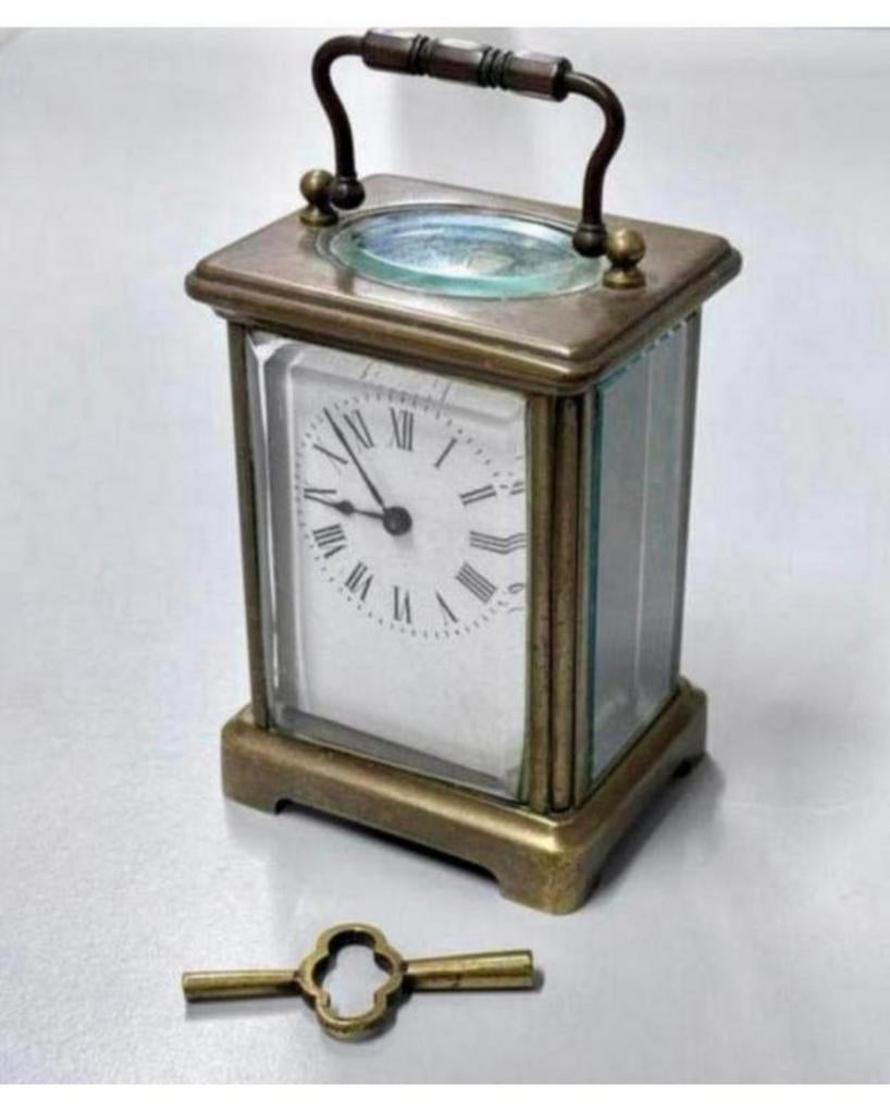 Antiek Antieke klok Victorian Clock 1880 Brass Carriage old, Ophalen of Verzenden