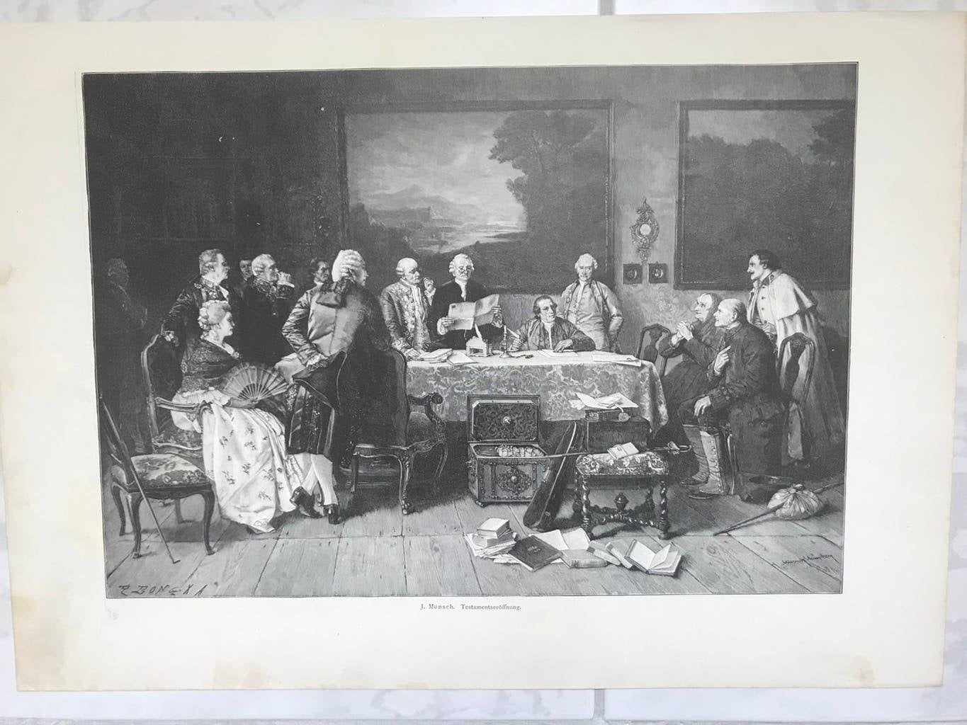 J.Munch: Testamentseröffnung 1880, or. gravure, 32x23cm.Mooi, Dagelijks leven, 1800 - 1899, Ophalen of Verzenden, 32 cm