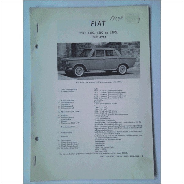 Fiat 1300 1500 1500 L Vraagbaak losbladig 1961-1964 #1 Neder, Ophalen of Verzenden, Gelezen, Overige merken
