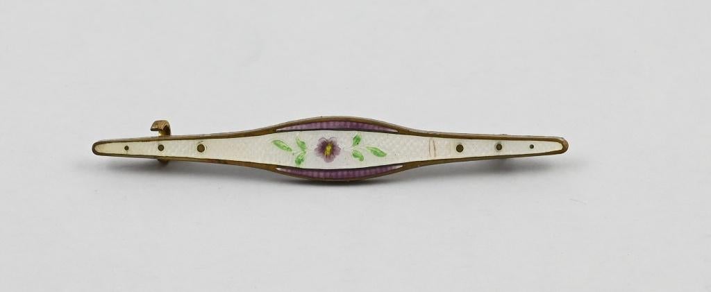 Art Deco guilloche emaille staaf broche bloemen, Sieraden, Tassen en Uiterlijk, Broches, Verzenden, Gebruikt, 4 tot 7 cm, Overige materialen