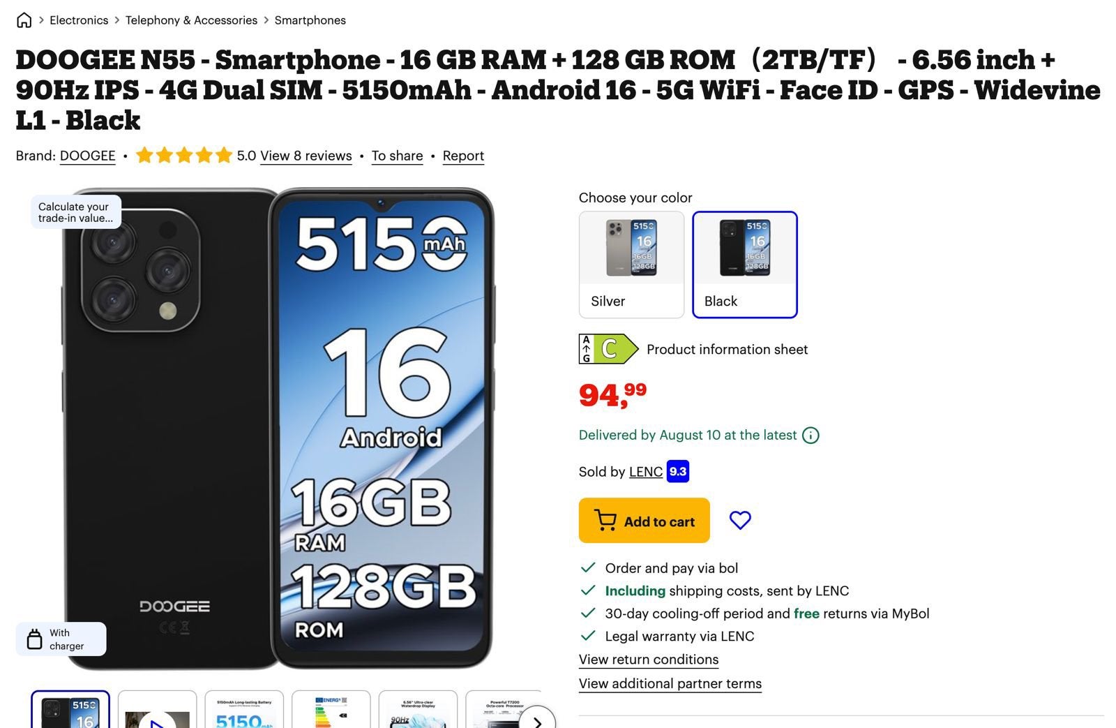 DOOGEE N55 Smartphone - 16GB RAM + 128GB ROM - Zwart, Ophalen, Overige modellen, Nieuw, Zonder simlock