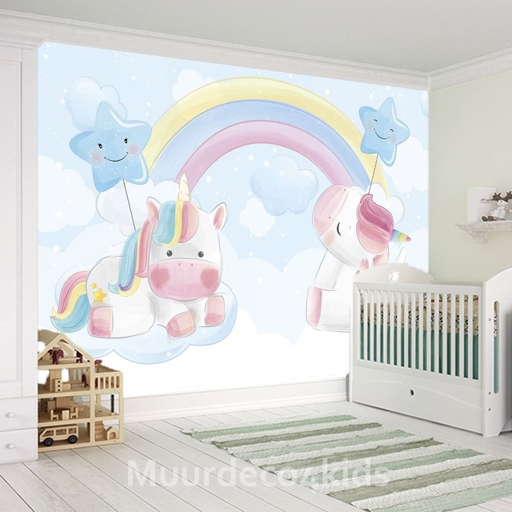 Eenhoorn behang Pastel Blauw, regenboog babykamer Unicorn, Verzenden, Nieuw