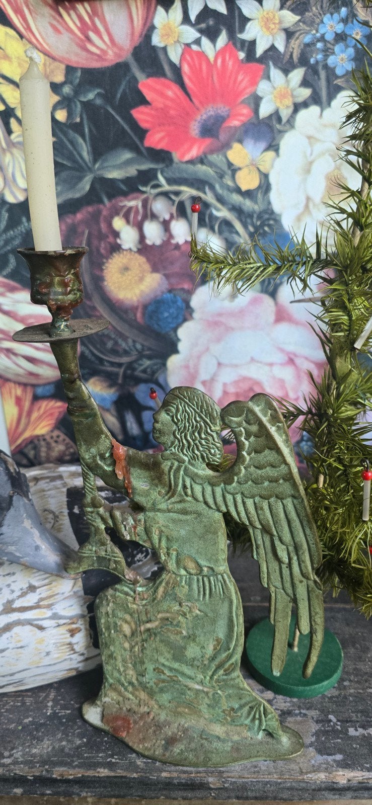 Oude groene messing gietijzeren engel standaard voor kaars, Ophalen of Verzenden