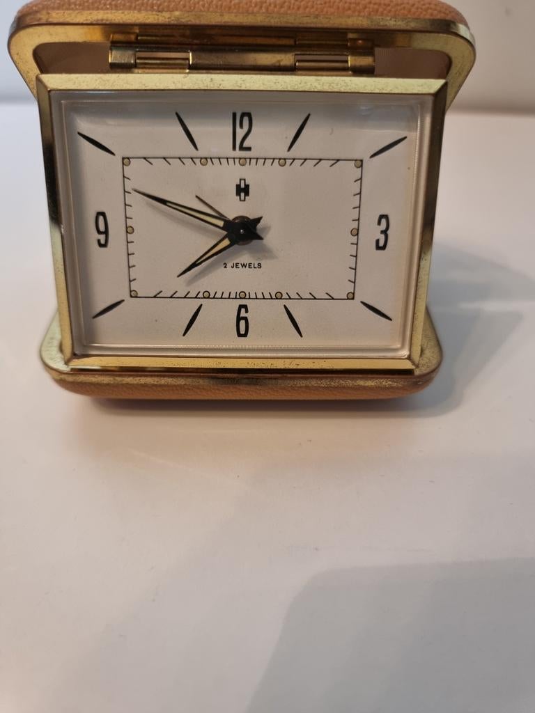Vintage Reiswekker - Goudkleurig met Leren Etui, Ophalen of Verzenden