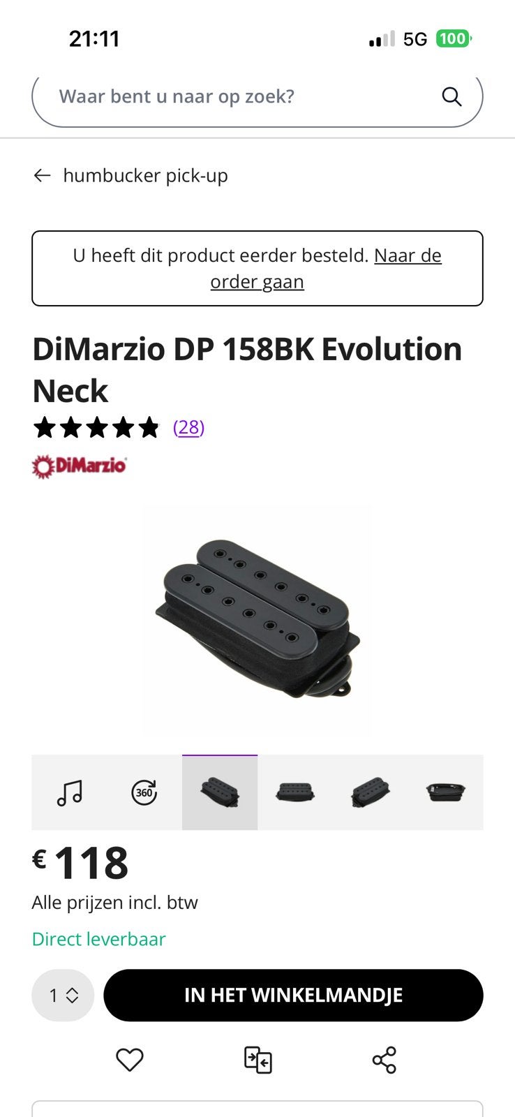 Dimarzio dp 158 bk evolution neck pickup, Muziek en Instrumenten, Ophalen of Verzenden, Zo goed als nieuw, Elektrische gitaar