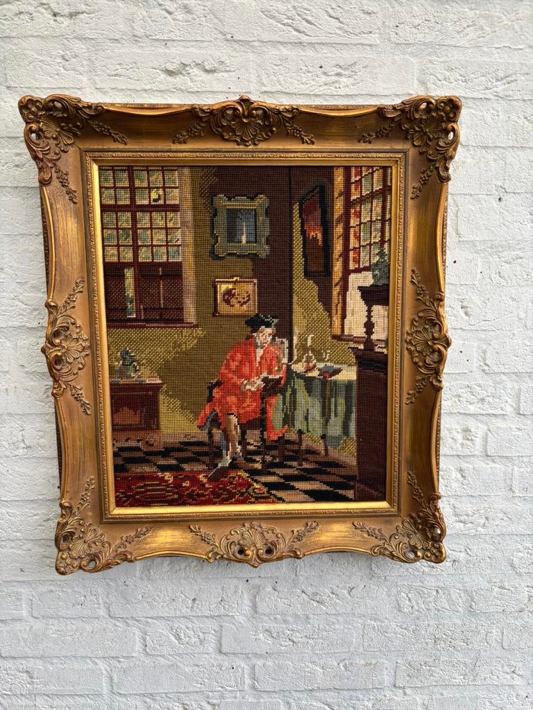 Vintage Gobelin borduurwerk lezende man in barokke lijst., Antiek en Kunst, Kunst | Schilderijen | Klassiek, Ophalen of Verzenden