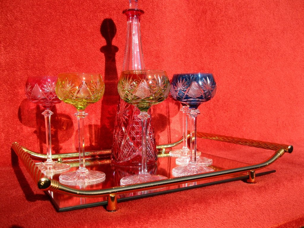 VSL serveerblad + glazen + rode karaf Val Saint Lambert, Antiek en Kunst, Ophalen
