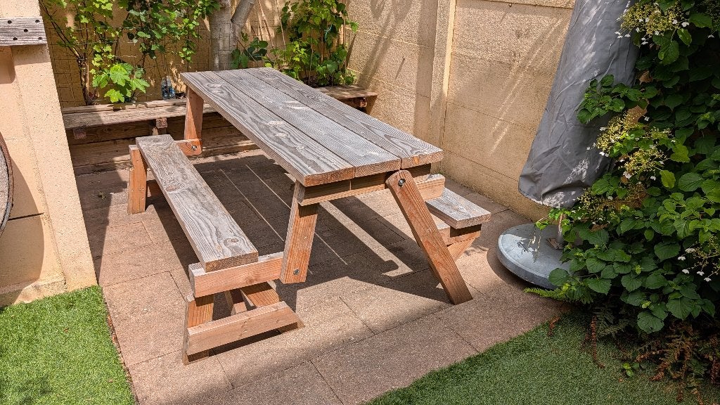 Inklapbare picknicktafel voor 6 personen van Douglas hout, Tuin en Terras, Picknicktafels, Ophalen, Gebruikt, Inklapbaar, Rechthoekig