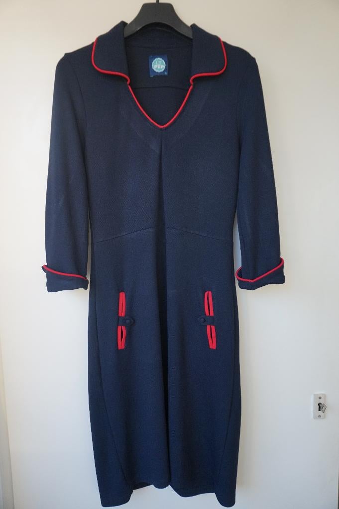 Le Pep rechte jurk V-hals lange mouw blauw rood maat M / 38, Maat 38/40 (M), Le Pep, Blauw, Ophalen of Verzenden