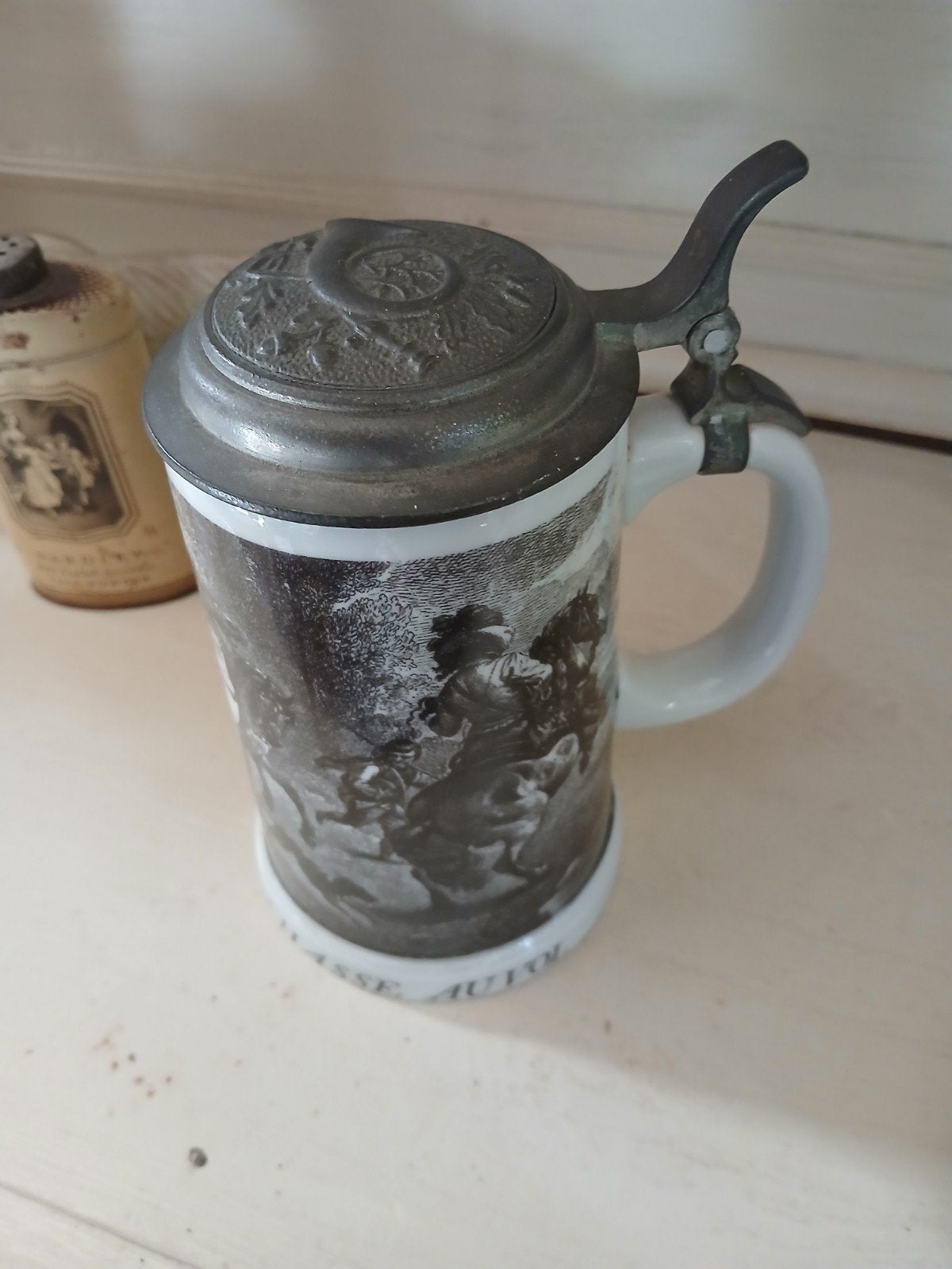 Vintage Bierpul met Tinnen Deksel - Jachtscène, Antiek en Kunst, Ophalen of Verzenden