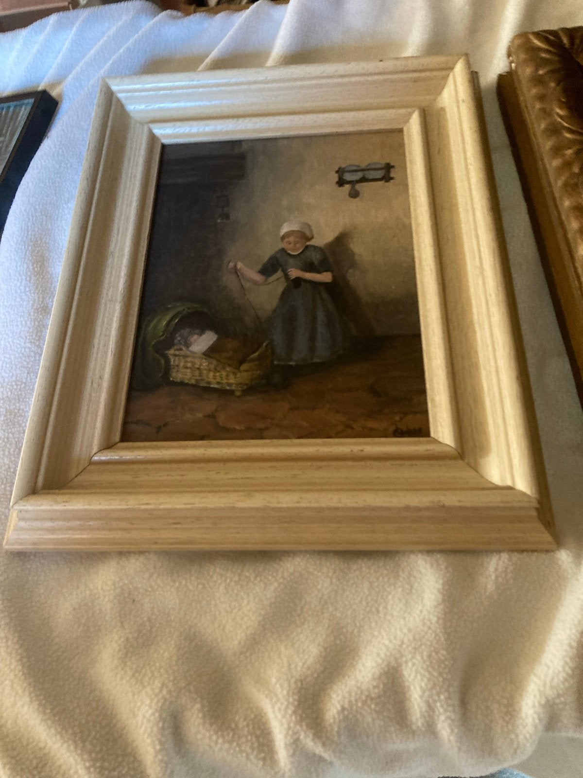 Oud Hollands schilderij: Vrouw met wieg, Antiek en Kunst, Paneel, Portret of Personen, Oud hollands, Ophalen of Verzenden