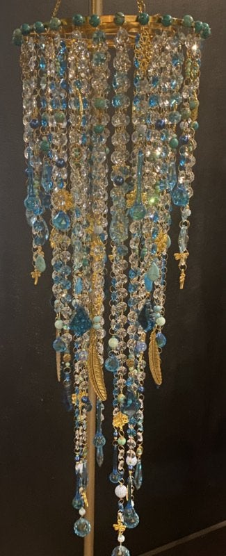 Handmade lamp suncatcher turquoise hanglamp plafondlamp VdlM, Huis en Inrichting, Ophalen of Verzenden, Nieuw, Glas, Hotel Chique Hollywood Regency Ibiza lampje Boho kroonluchter
