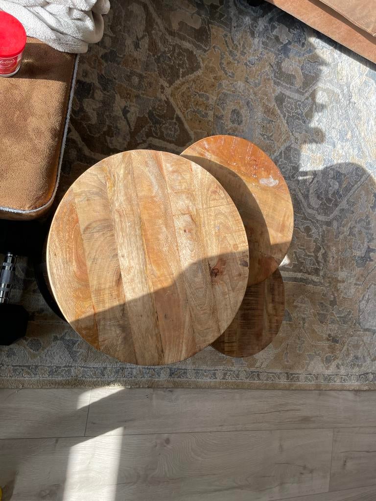 Set van 3 mangohouten salontafels - modern/industrieel, Huis en Inrichting, Tafels | Salontafels, Ophalen, Gebruikt, Rond, Industrieel
