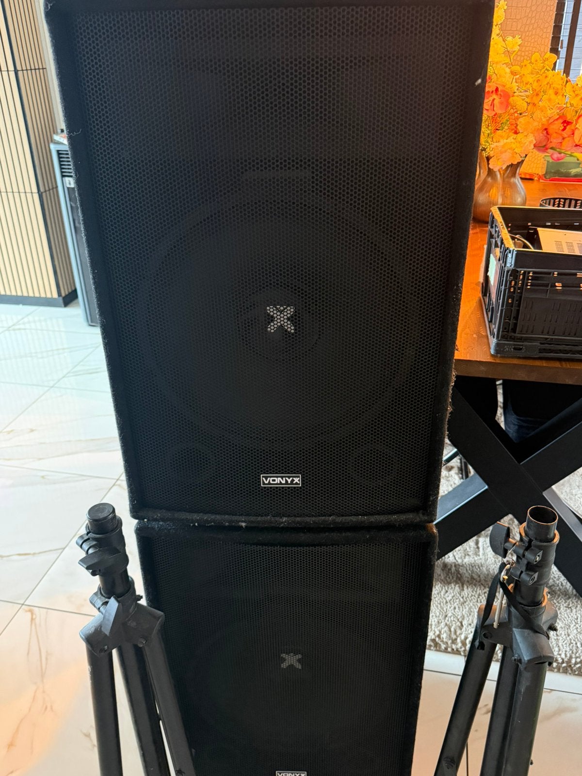 Dj setje 2 boxen mengpaneeltje versterker 2 microfoons, Ophalen, Zo goed als nieuw, Audio