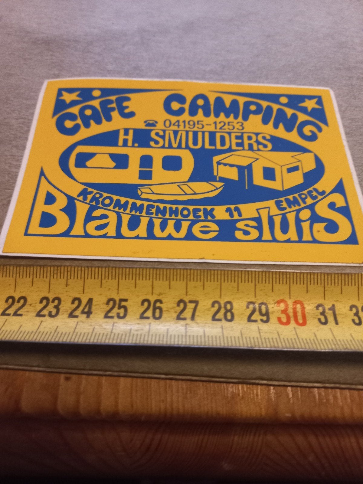 Vintage sticker Cafe Camping H. Smulders Blauwe Sluis Empel, Ophalen of Verzenden, Gebruikt, Overige typen
