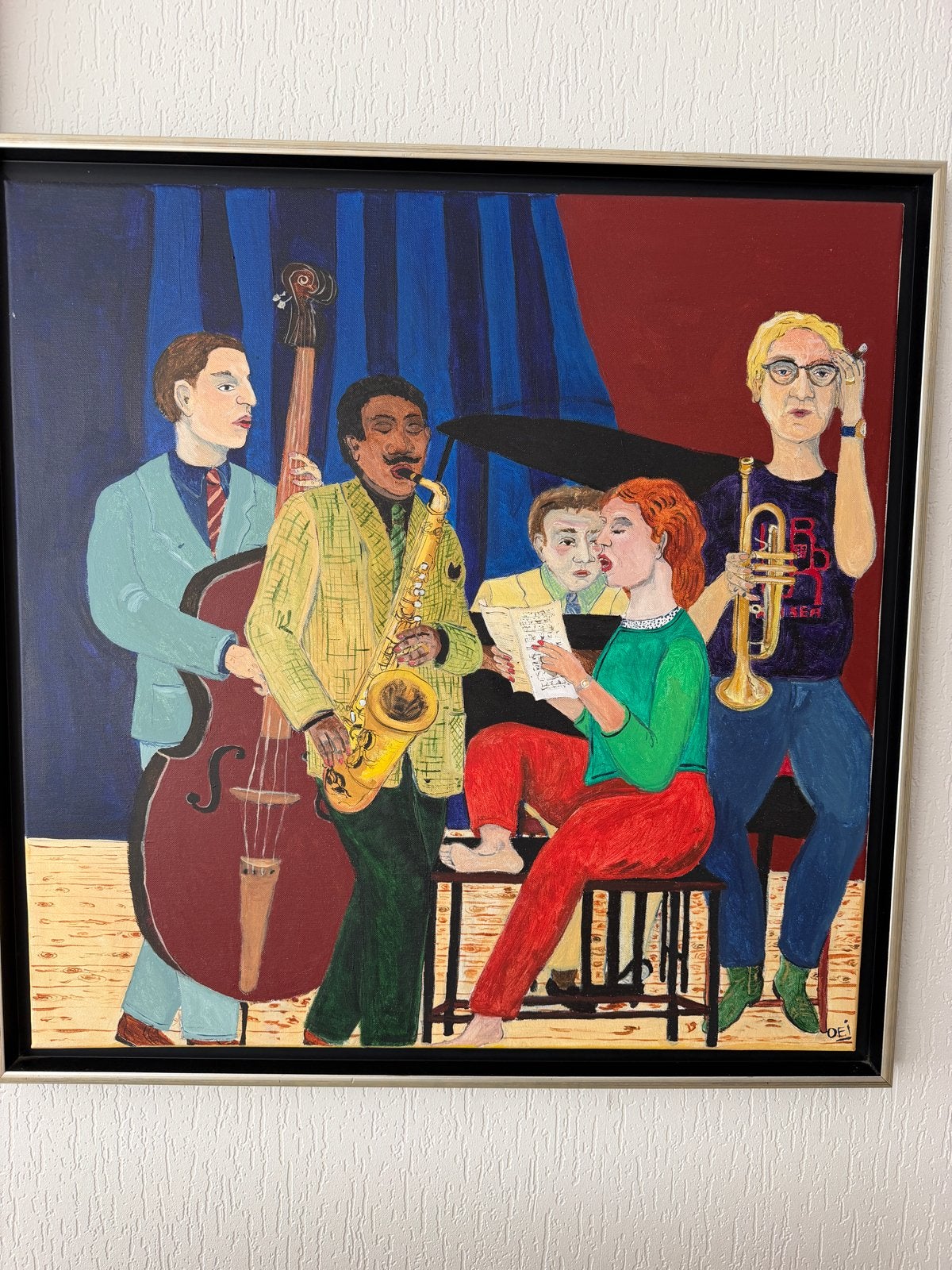 Schilderij 'Jazzband' - Handgeschilderd en Ingelijst, Ophalen, Acrylverf, Handgeschilderd, Muziek