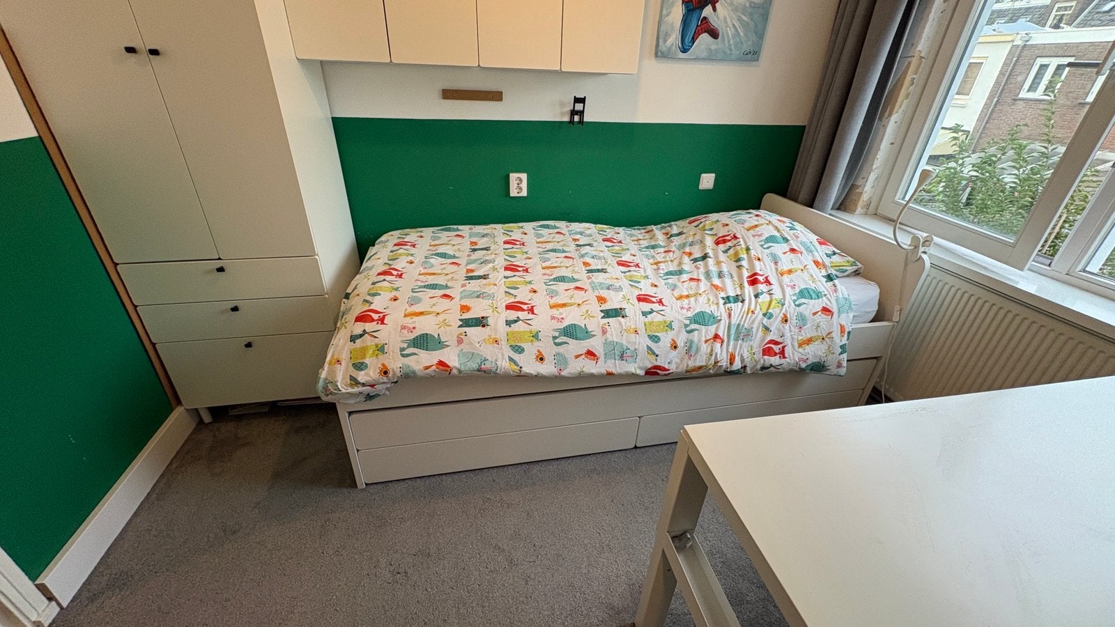IKEA SLÄKT bedframe met onderbed en opberger, Ophalen, 85 tot 100 cm, Zo goed als nieuw, Matras