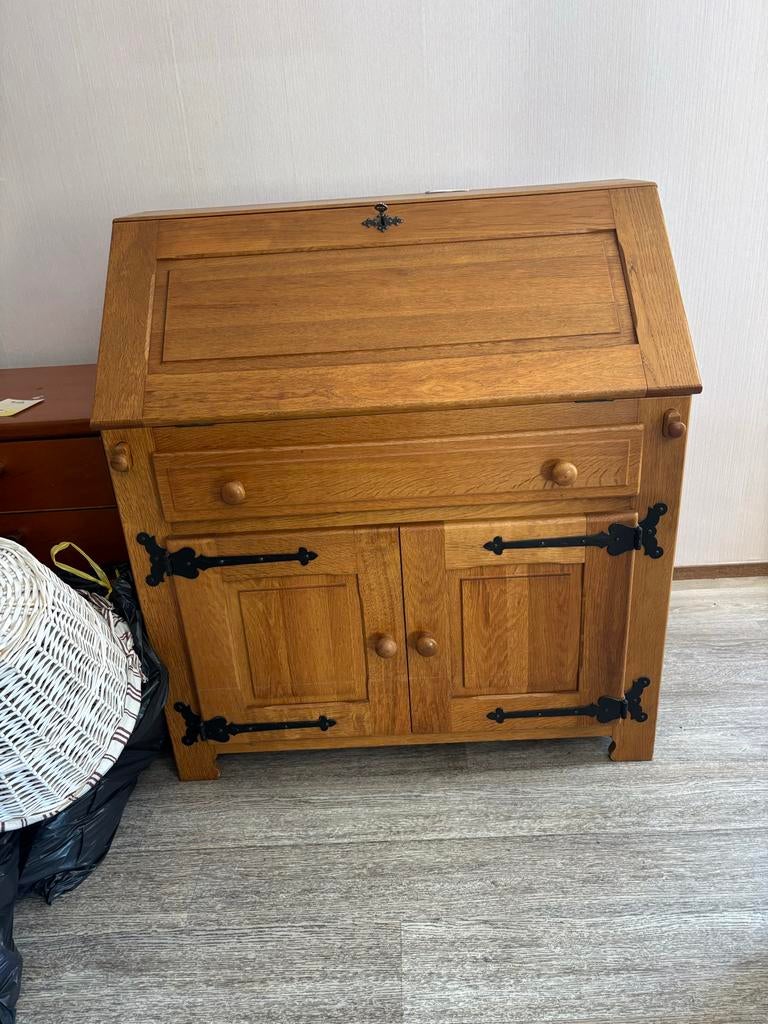 Retro eiken secretaire met klep en lades, Ophalen, Gebruikt