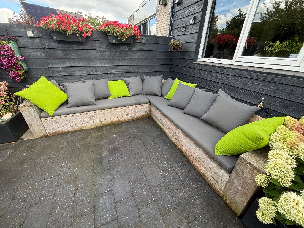 Te koop tuin hoekbank 3x3 mtr met all weather kussens, Ophalen, Gebruikt, Hout