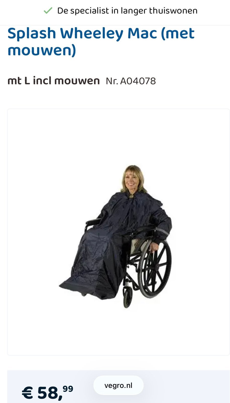 Able 2 regenhoes rolstoel maat L, Diversen, Rolstoelen, Ophalen of Verzenden, Nieuw, Duwrolstoel