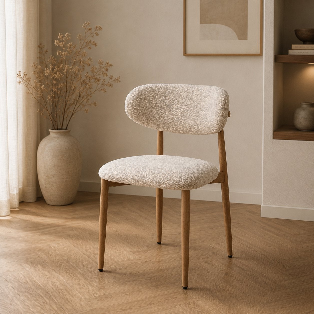 Eetkamerstoelen japandi Houtlook | Actie €64,99, Huis en Inrichting, Stoelen, Ophalen, Overige kleuren, Zo goed als nieuw, Stof