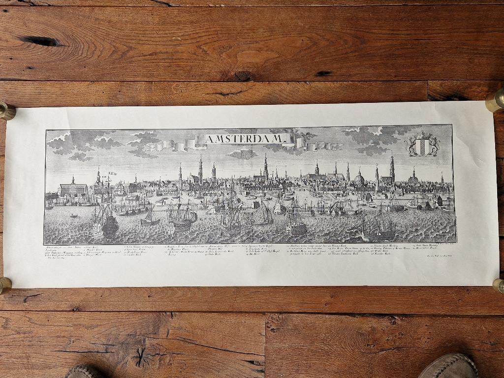 gravure van de haven van Amsterdam midden 17e eeuw., Ophalen of Verzenden, Landschap, Gravure