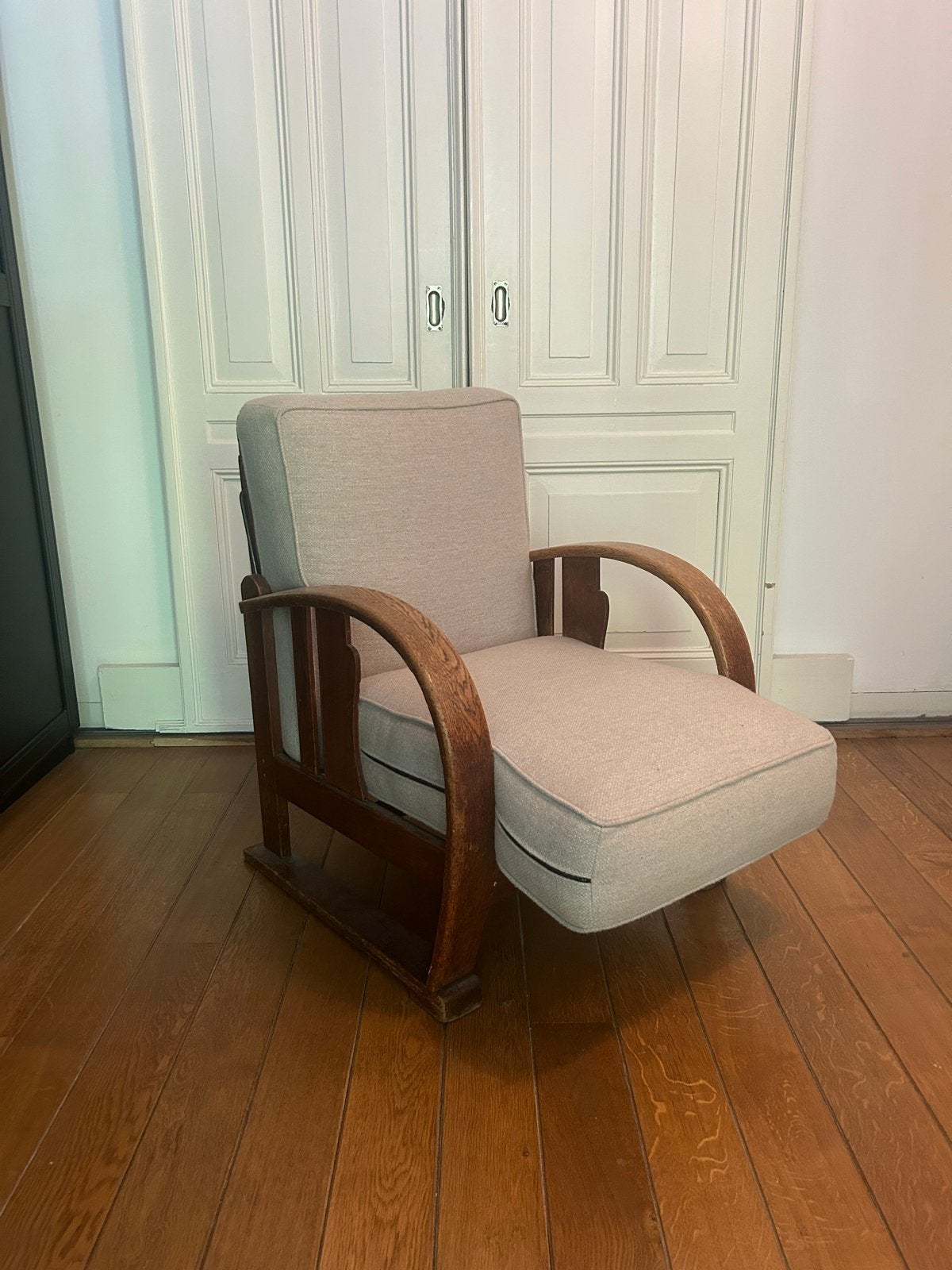 Houten Art-Deco Fauteuil - Nieuw Gestoffeerd in Wollen Stof, Ophalen, Gebruikt, Art deco, 75 tot 100 cm