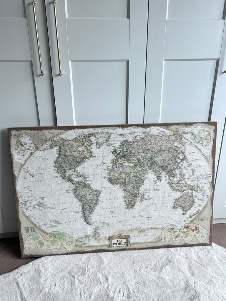Wereld kaart op linnen 78x118x3 cm, Ophalen of Verzenden, Zo goed als nieuw, 1800 tot 2000, Landkaart