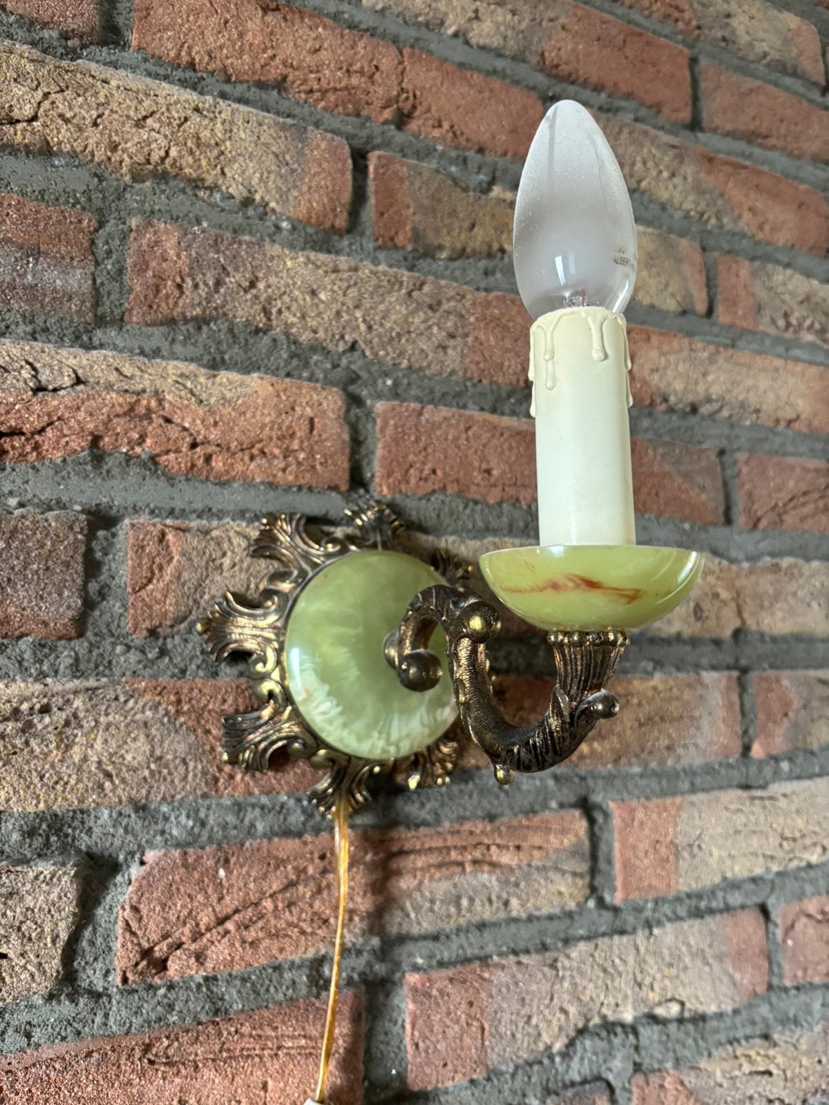 Vintage messing wandlampje met groen onyx marmer, Ophalen, Gebruikt, Wandlamp