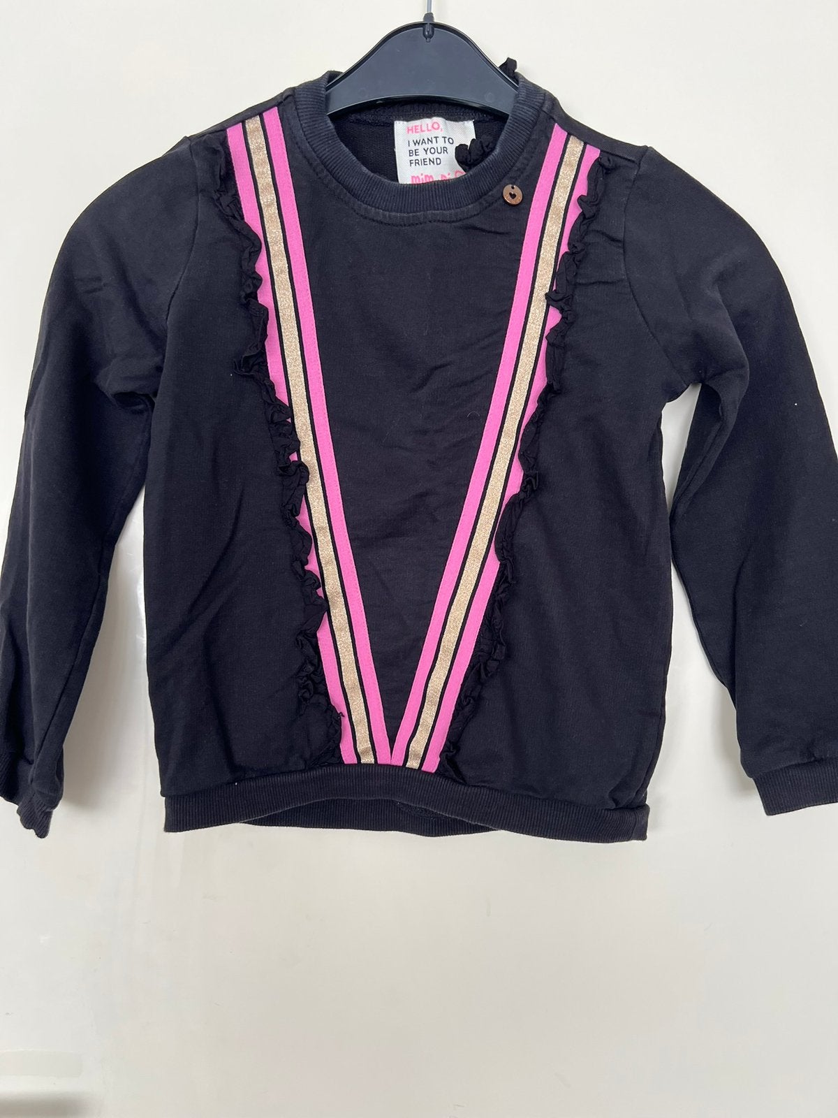 Mim-Pi Zwarte Sweater met Roze/Gouden Strepen, Ophalen of Verzenden, Zo goed als nieuw, Meisje, Shirt of Longsleeve