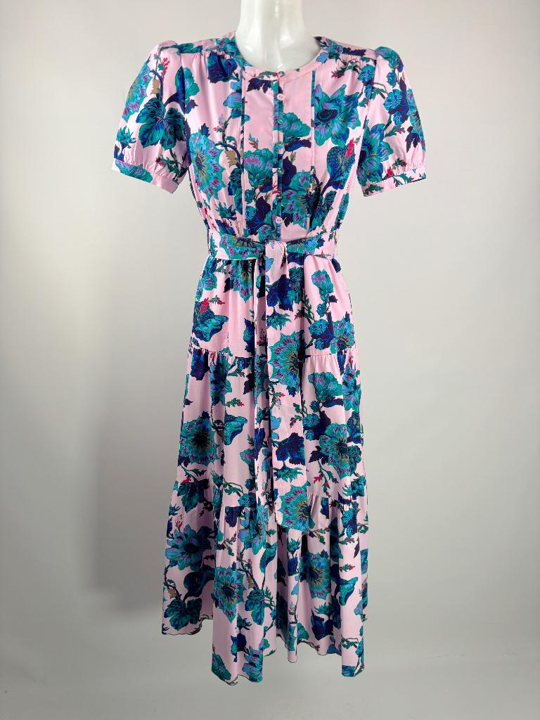DVF DIANA VON FURSTENBERG Roze bloemen jurk  Maat S/M, Zo goed als nieuw, Roze, Maat 36 (S), Onder de knie