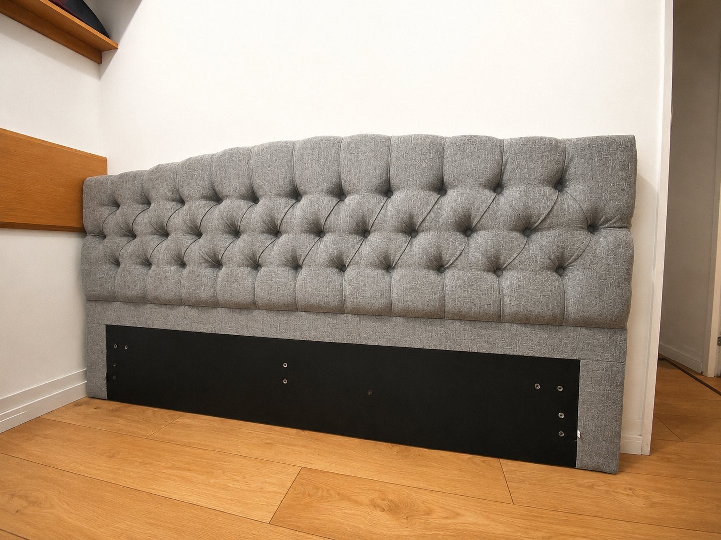 Hoofdbord tweepersoons bed: grijs gestoffeerde hoofdeinde, Ophalen, Tweepersoons, Zo goed als nieuw, 180 cm