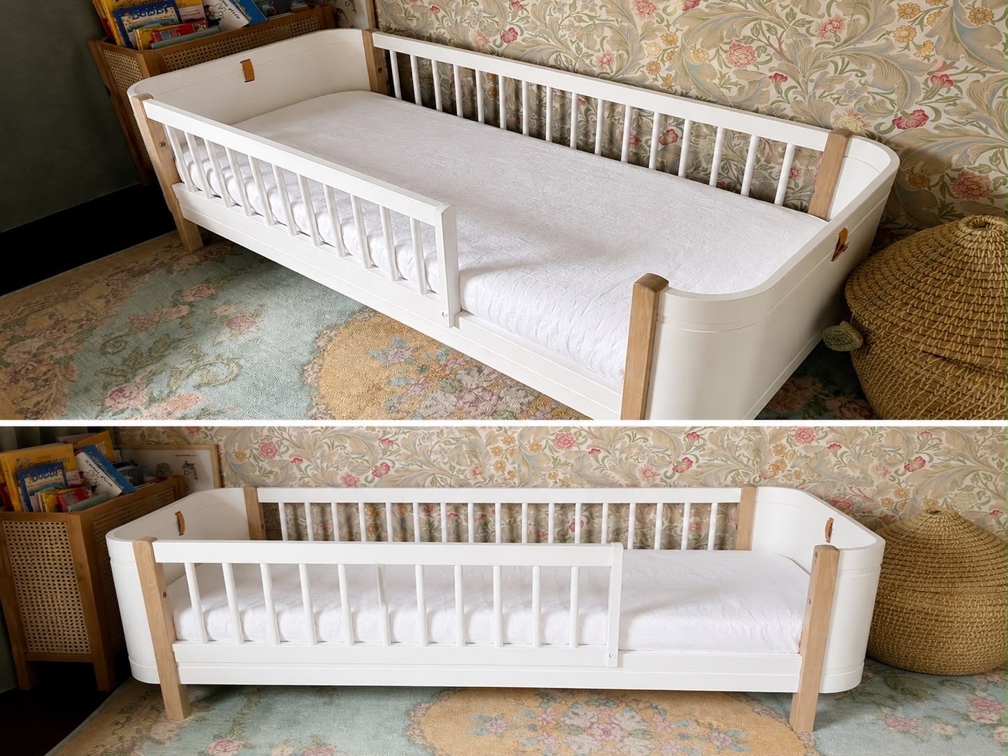Oliver Furniture Wood Mini+ Ledikant Junior Wit/Eikenhout, Ophalen, Zo goed als nieuw, Minder dan 140 cm, Matras