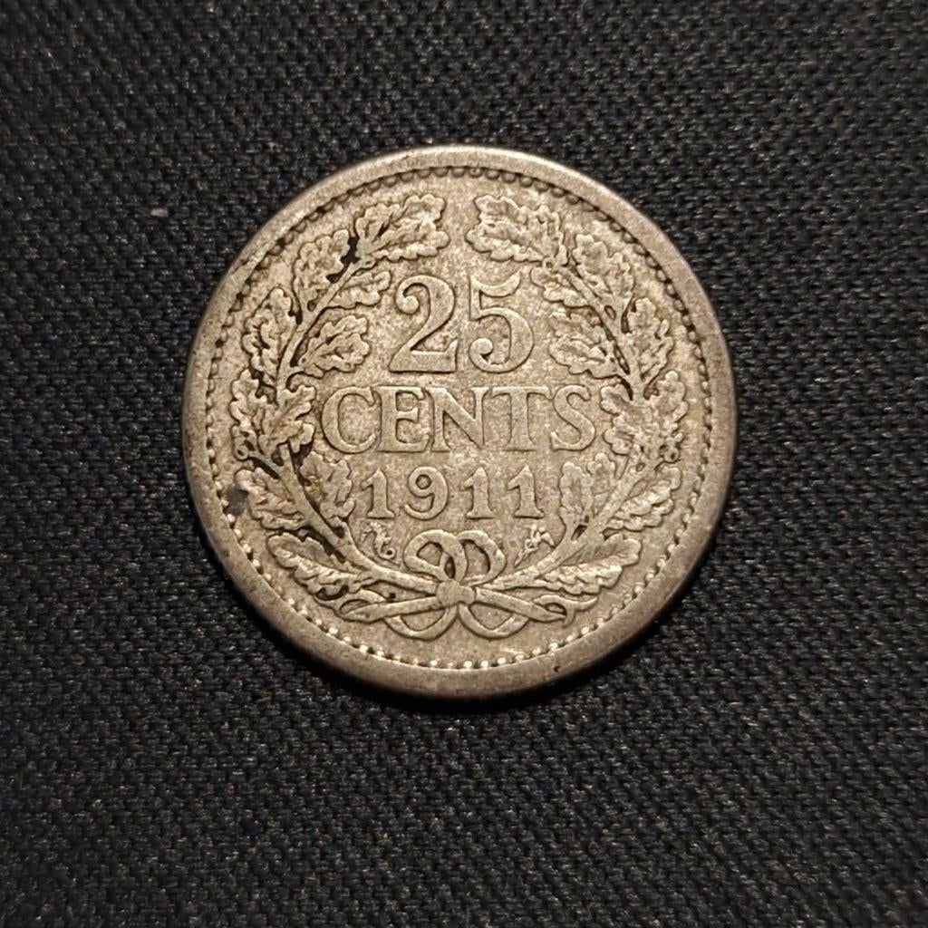 25 cent 1911, Postzegels en Munten, Munten | Nederland, Verzenden, Zilver, 25 cent, Koningin Wilhelmina