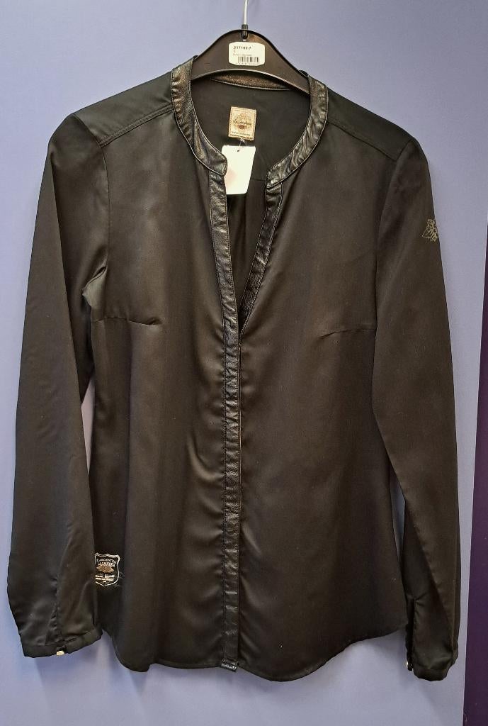L' Argentina zwarte blouse + logo's & pu leren rand S 44739, Kleding | Dames, Blouses en Tunieken, ., Zwart, Ophalen of Verzenden