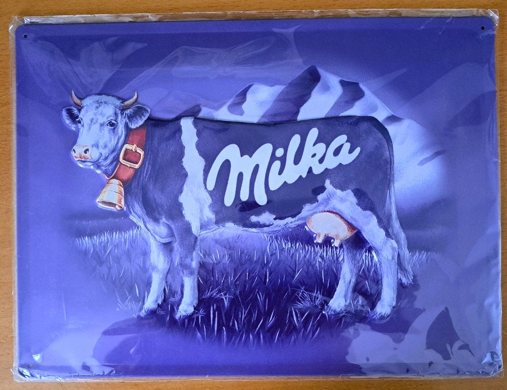 MILKA - vintage metalen reclameplaat - 30x40 cm, Ophalen of Verzenden, Zo goed als nieuw, Reclamebord