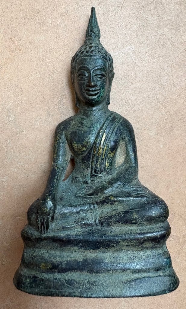 Mooi oud bronzen Boeddha beeldje, Ophalen of Verzenden, Beeld, 12 cm, Brons