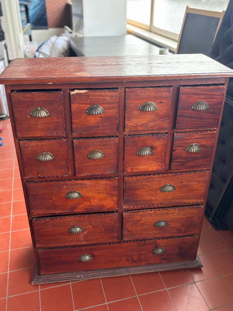 Antieke houten apothekerskast ladekast schelpgrepen, Ophalen, Gebruikt, Overige materialen, 5 laden of meer